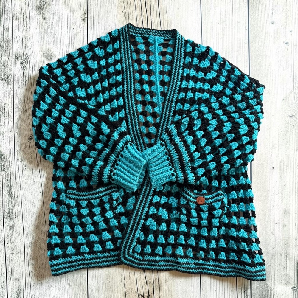 Crochet Granny Square Open Cardigan Teal Black Womens L Handmade